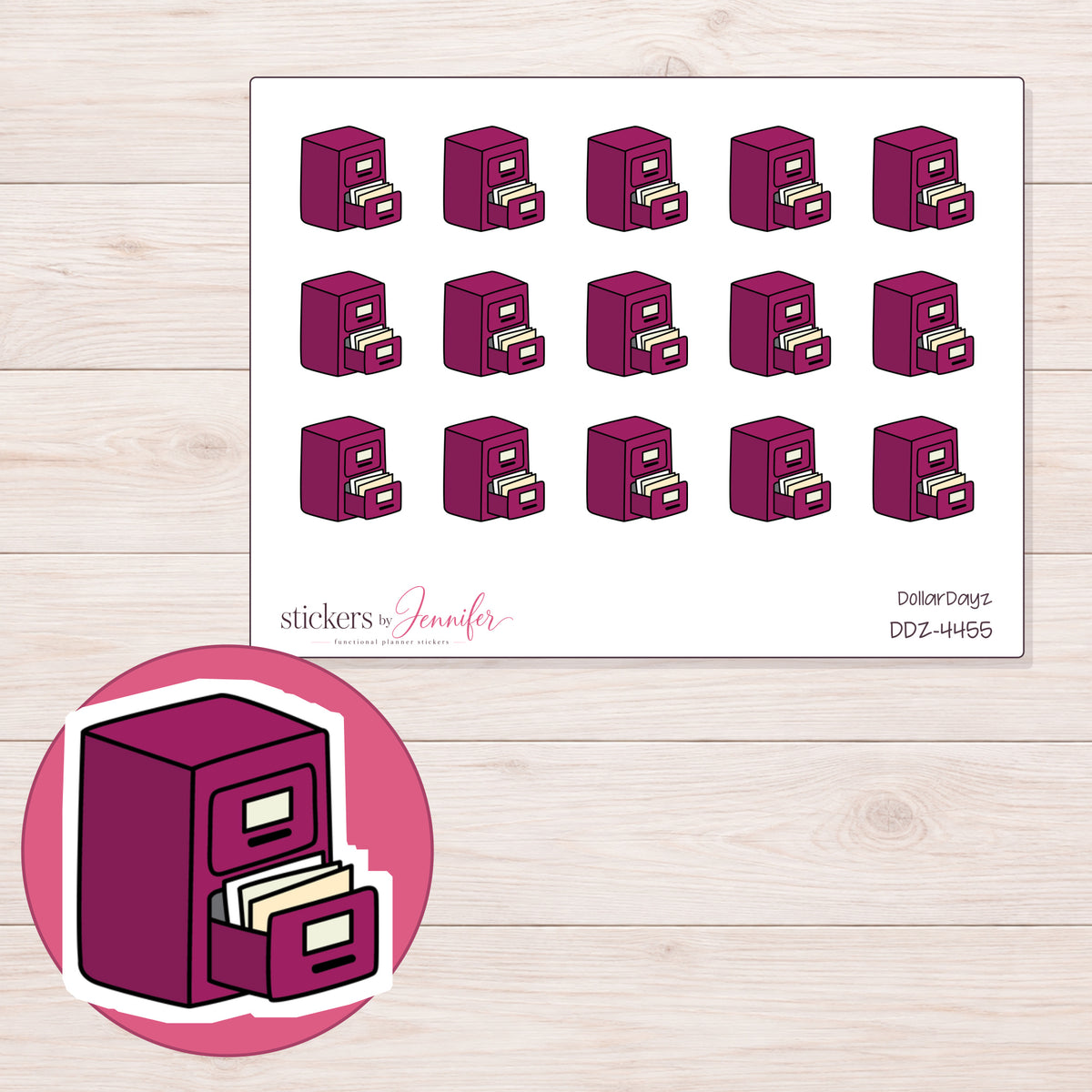 Magenta Filing Cabinet Planner Stickers | DDZ-4455 — 4 × 3 inch sheet and enlarged sticker detail