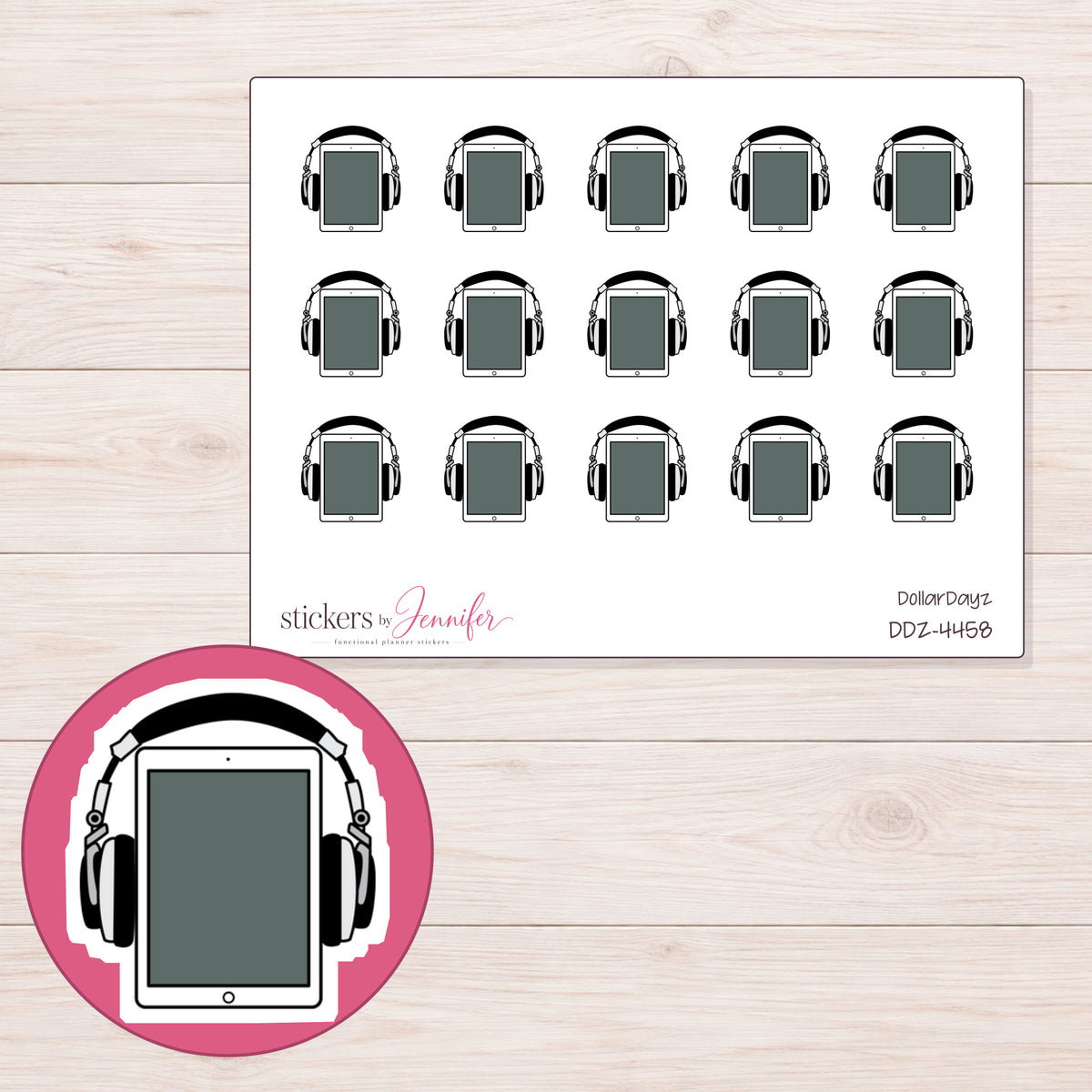 Charcoal Audiobook Headphones Planner Stickers | DDZ-4458 — 4 × 3 inch sheet and enlarged sticker detail