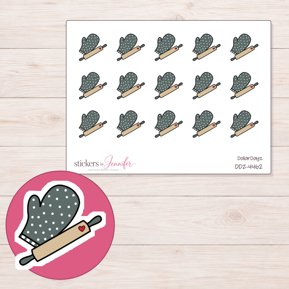 Charcoal Oven Mitt and Rolling Pin Planner Stickers | DDZ-4462 — 4 × 3 inch sheet and enlarged sticker detail