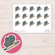 Charcoal Oven Mitt and Rolling Pin Planner Stickers | DDZ-4462 — 4 × 3 inch sheet and enlarged sticker detail