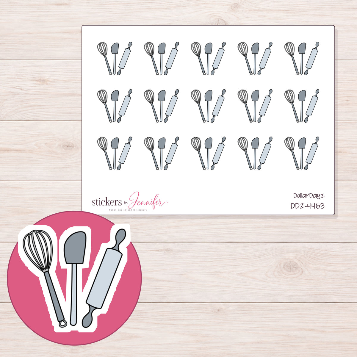 Gray Baking Utensils Planner Stickers | DDZ-4463 — 4 × 3 inch sheet and enlarged sticker detail