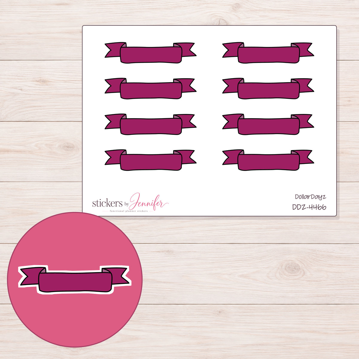 Berry Scroll Banner Label Planner Stickers | DDZ-4466 — 4 × 3 inch sheet and enlarged sticker detail