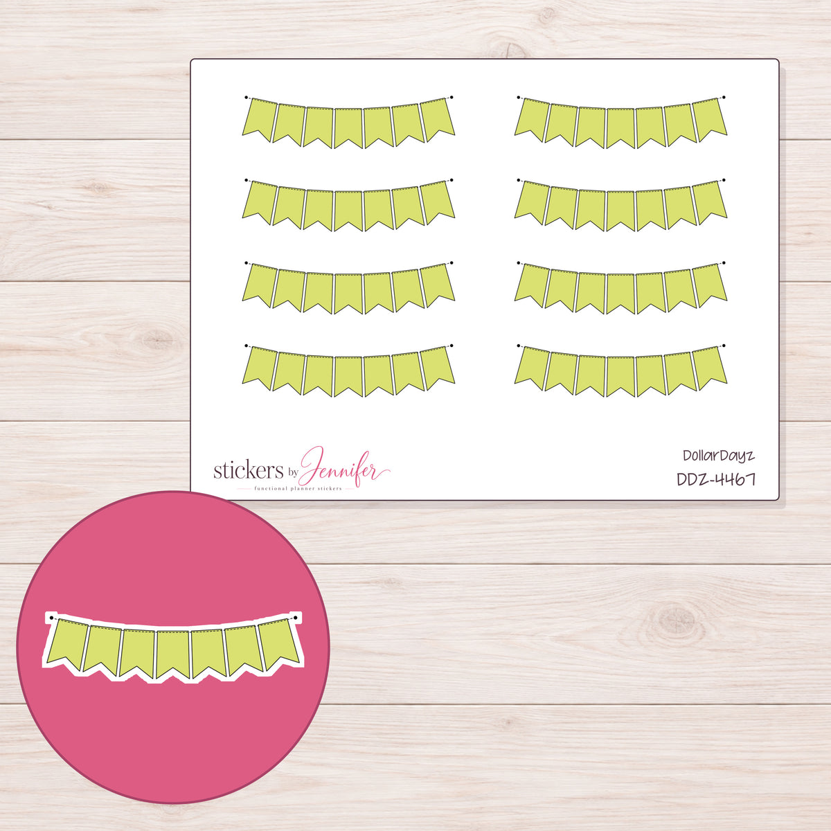 Pale Yellow Pennant Bunting Planner Stickers | DDZ-4467 — 4 × 3 inch sheet and enlarged sticker detail