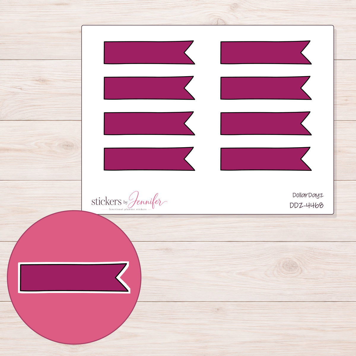 Berry Single-Notch Banner Label Planner Stickers | DDZ-4468 — 4 × 3 inch sheet and enlarged sticker detail