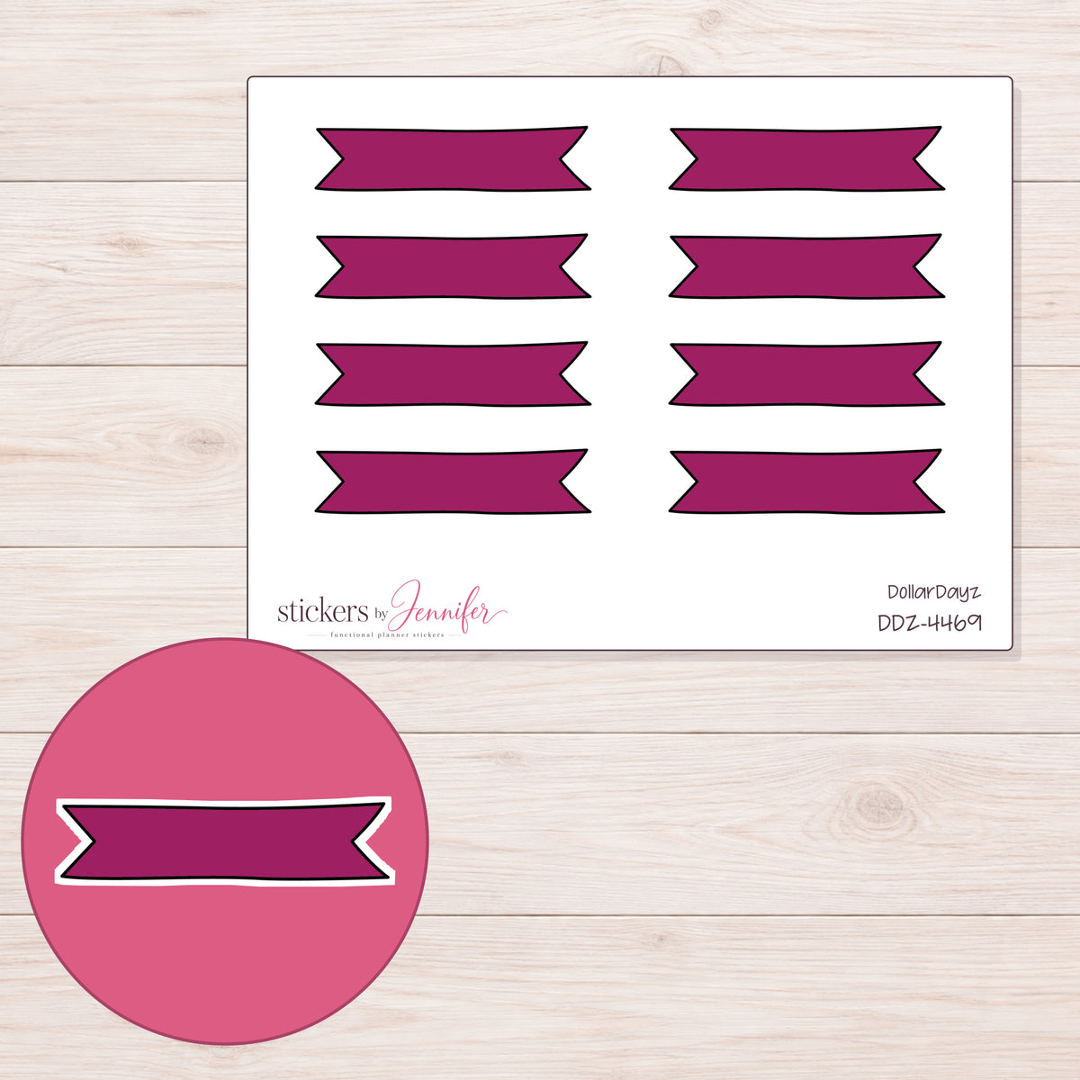 Berry Double-Notch Banner Label Planner Stickers | DDZ-4469 — 4 × 3 inch sheet and enlarged sticker detail
