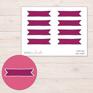 Berry Double-Notch Banner Label Planner Stickers | DDZ-4469 — 4 × 3 inch sheet and enlarged sticker detail