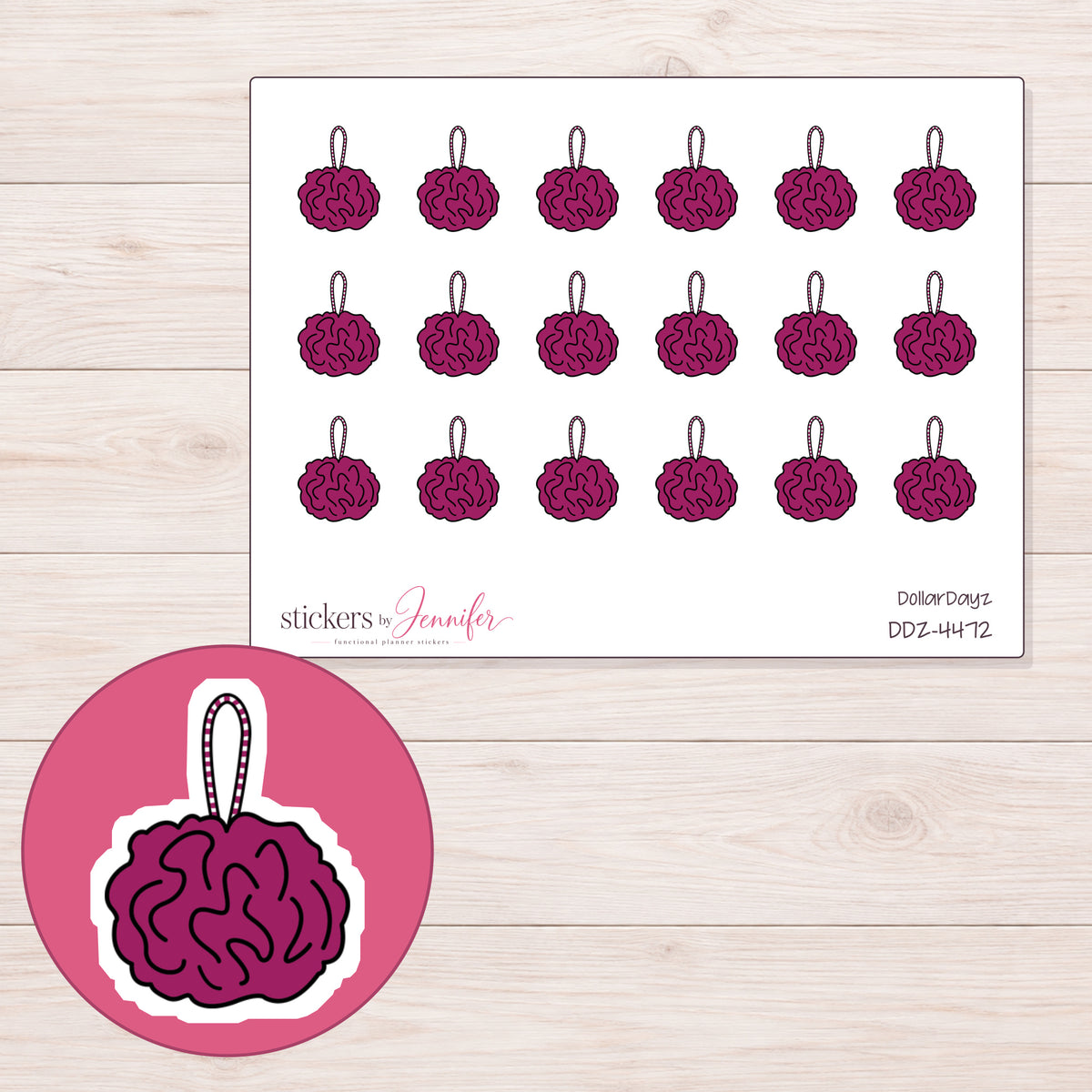 Magenta Bath Pouf Planner Stickers | DDZ-4472 — 4 × 3 inch sheet and enlarged sticker detail