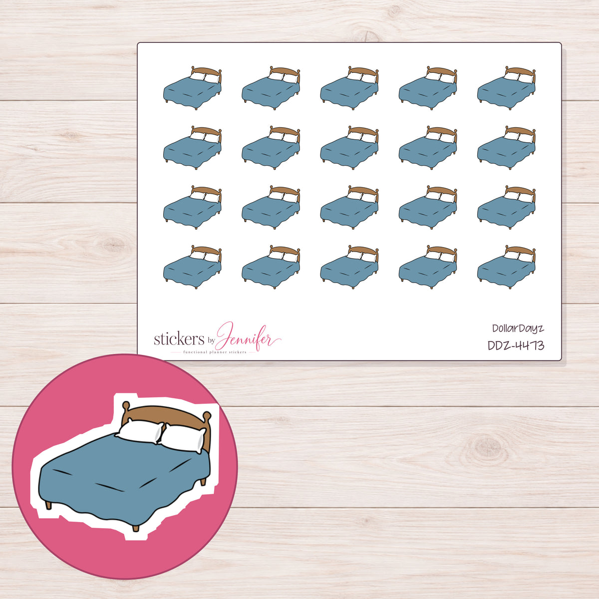 Blue Blanket Bed Planner Stickers | DDZ-4473 — 4 × 3 inch sheet and enlarged sticker detail