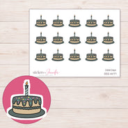 Charcoal Frosted Birthday Cake Planner Stickers | DDZ-4477 — 4 × 3 inch sheet and enlarged sticker detail