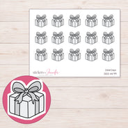 Gray Wrapped Gift Planner Stickers | DDZ-4479 — 4 × 3 inch sheet and enlarged sticker detail