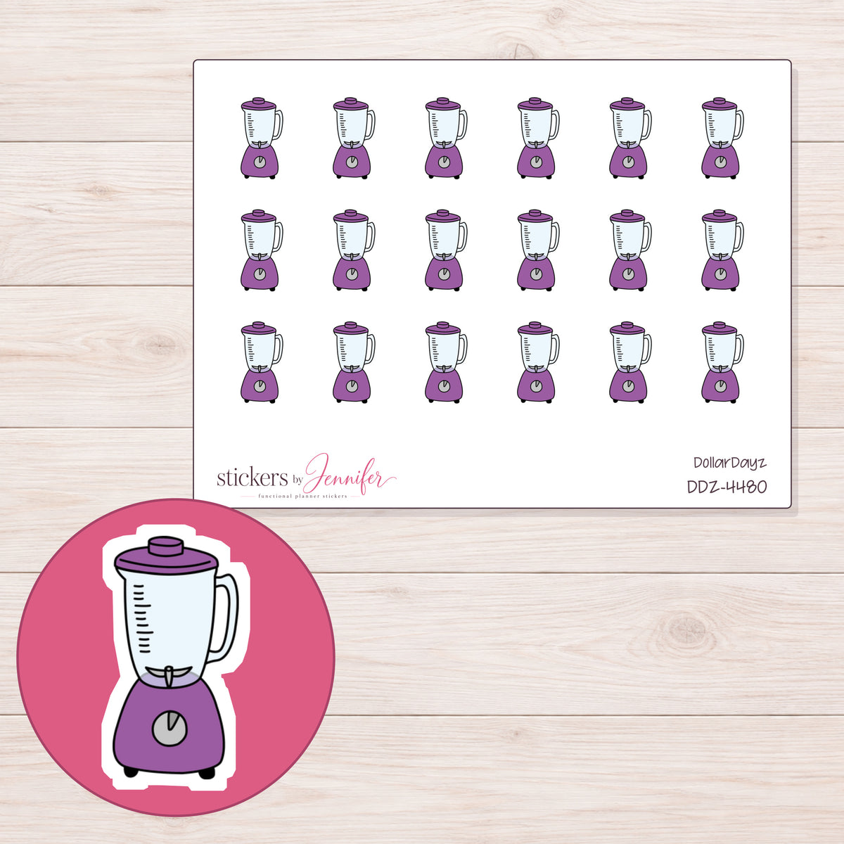 Purple Blender Planner Stickers | DDZ-4480 — 4 × 3 inch sheet and enlarged sticker detail