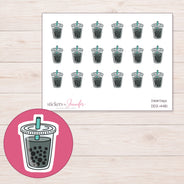 Charcoal Boba Tea Planner Stickers | DDZ-4481 — 4 × 3 inch sheet and enlarged sticker detail