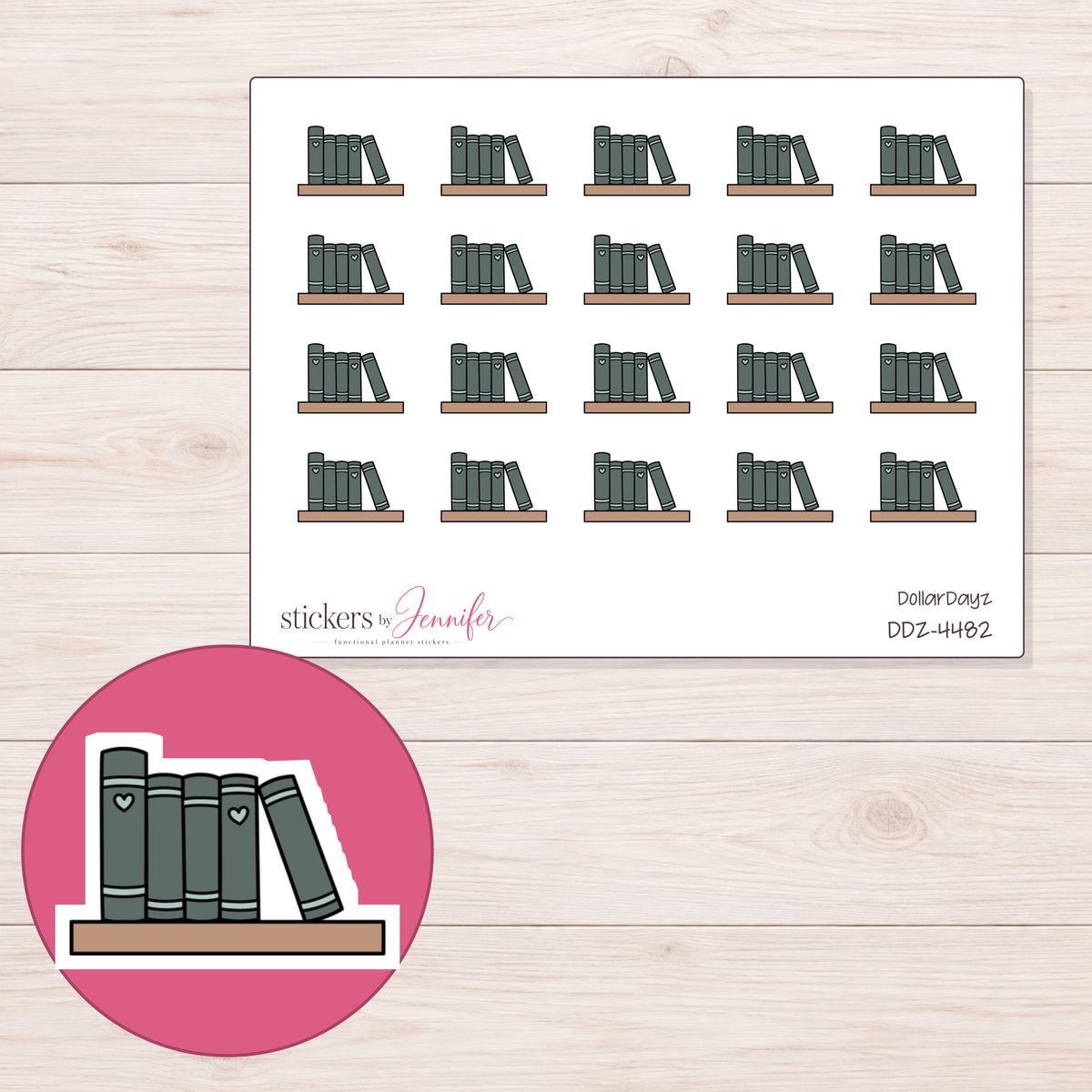 Charcoal Books on Shelf Planner Stickers | DDZ-4482 — 4 × 3 inch sheet and enlarged sticker detail