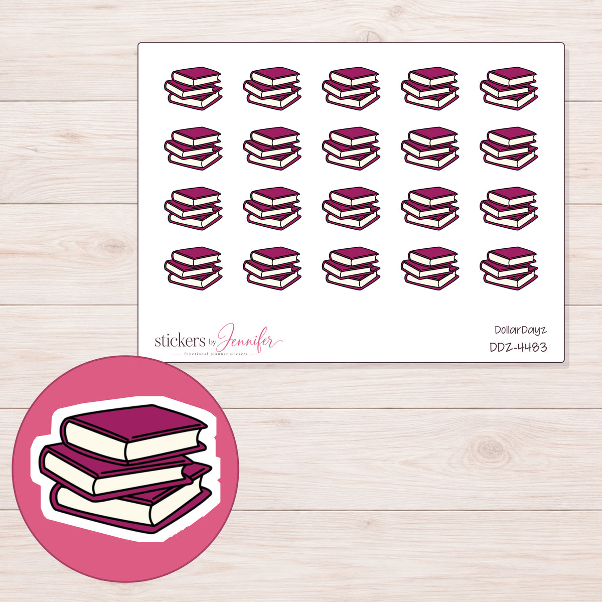 Burgundy Book Stack Planner Stickers | DDZ-4483 — 4 × 3 inch sheet and enlarged sticker detail