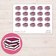 Burgundy Book Stack Planner Stickers | DDZ-4483 — 4 × 3 inch sheet and enlarged sticker detail