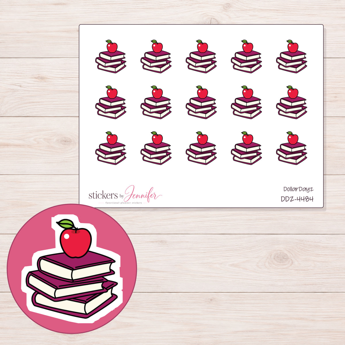 Burgundy Books with Apple Planner Stickers | DDZ-4484 — 4 × 3 inch sheet and enlarged sticker detail