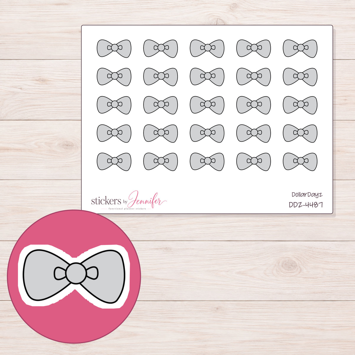 Light Gray Bow Tie Planner Stickers | DDZ-4487 — 4 × 3 inch sheet and enlarged sticker detail