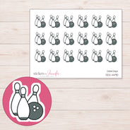 Charcoal Bowling Ball and Pins Planner Stickers | DDZ-4490 — 4 × 3 inch sheet and enlarged sticker detail