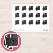 Black Instant Camera Planner Stickers | DDZ-4494 — 4 × 3 inch sheet and enlarged sticker detail