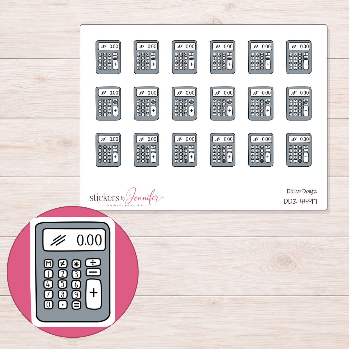 Gray Calculator Planner Stickers | DDZ-4497 — 4 × 3 inch sheet and enlarged sticker detail