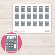 Gray Calculator Planner Stickers | DDZ-4497 — 4 × 3 inch sheet and enlarged sticker detail