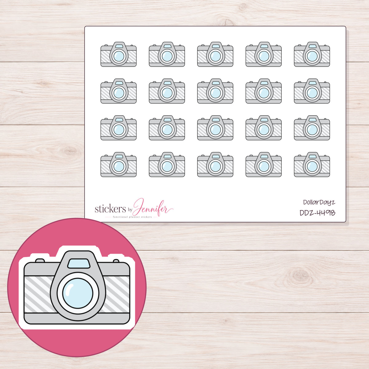 Silver Camera Planner Stickers | DDZ-4498 — 4 × 3 inch sheet and enlarged sticker detail