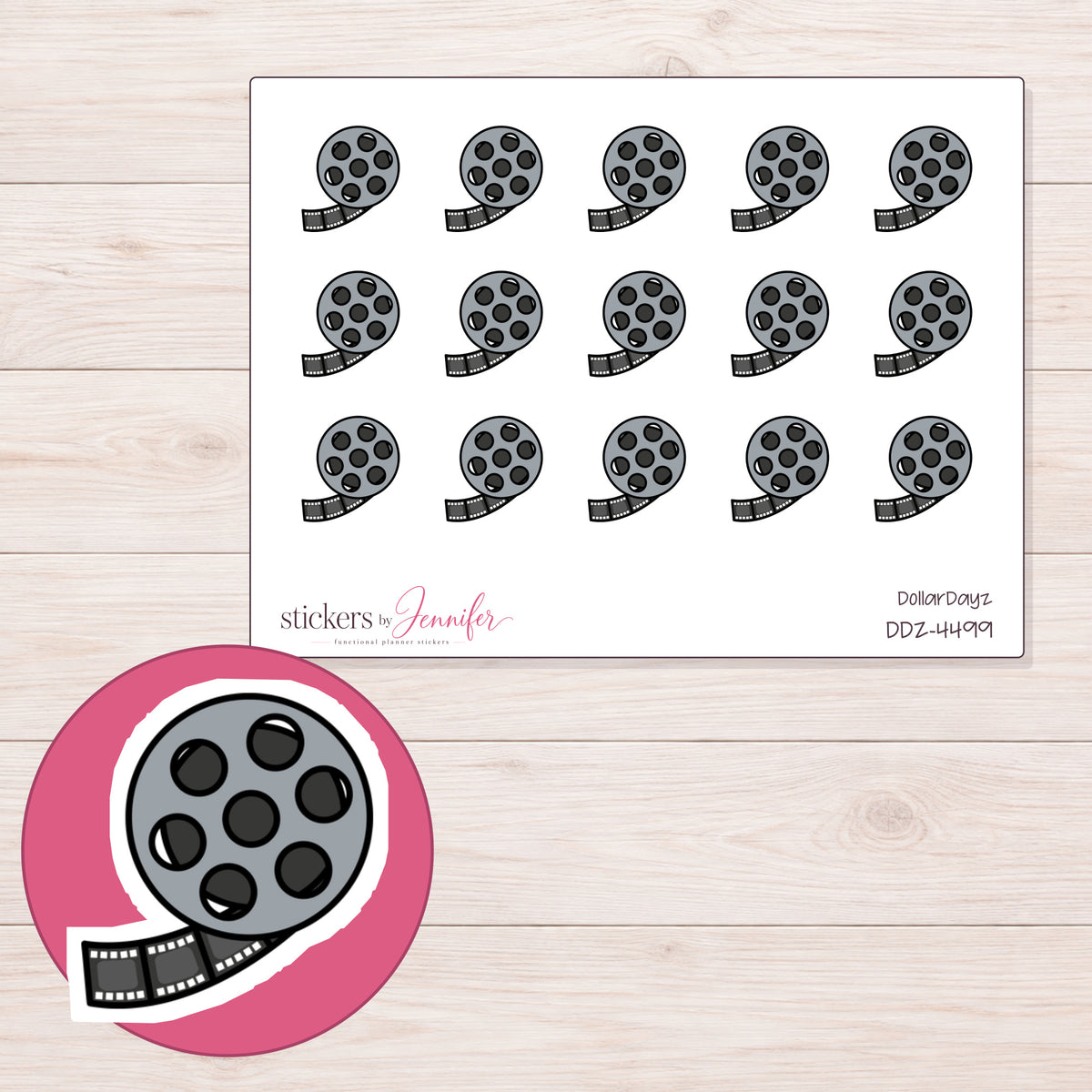 Gray Film Reel Planner Stickers | DDZ-4499 — 4 × 3 inch sheet and enlarged sticker detail