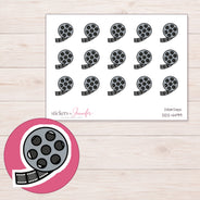 Gray Film Reel Planner Stickers | DDZ-4499 — 4 × 3 inch sheet and enlarged sticker detail