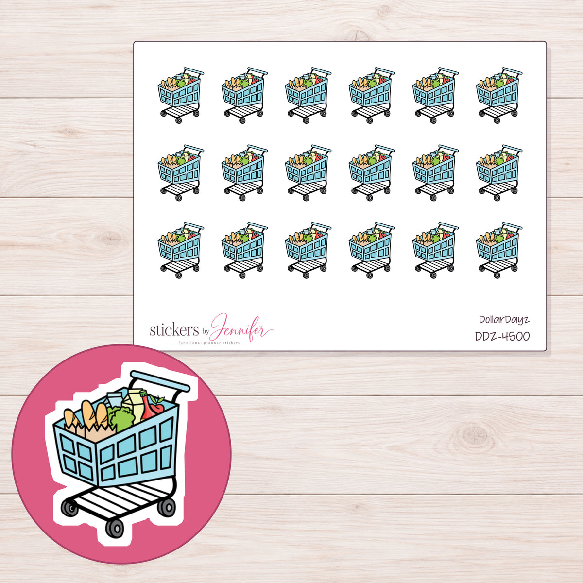Blue Grocery Cart Planner Stickers | DDZ-4500 — 4 × 3 inch sheet and enlarged sticker detail