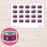 Magenta Cat Food Can Planner Stickers | DDZ-4501 — 4 × 3 inch sheet and enlarged sticker detail