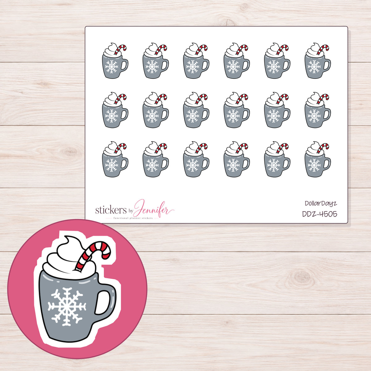 Gray Snowflake Hot Chocolate Planner Stickers | DDZ-4505 — 4 × 3 inch sheet and enlarged sticker detail