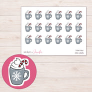 Gray Snowflake Hot Chocolate Planner Stickers | DDZ-4505 — 4 × 3 inch sheet and enlarged sticker detail