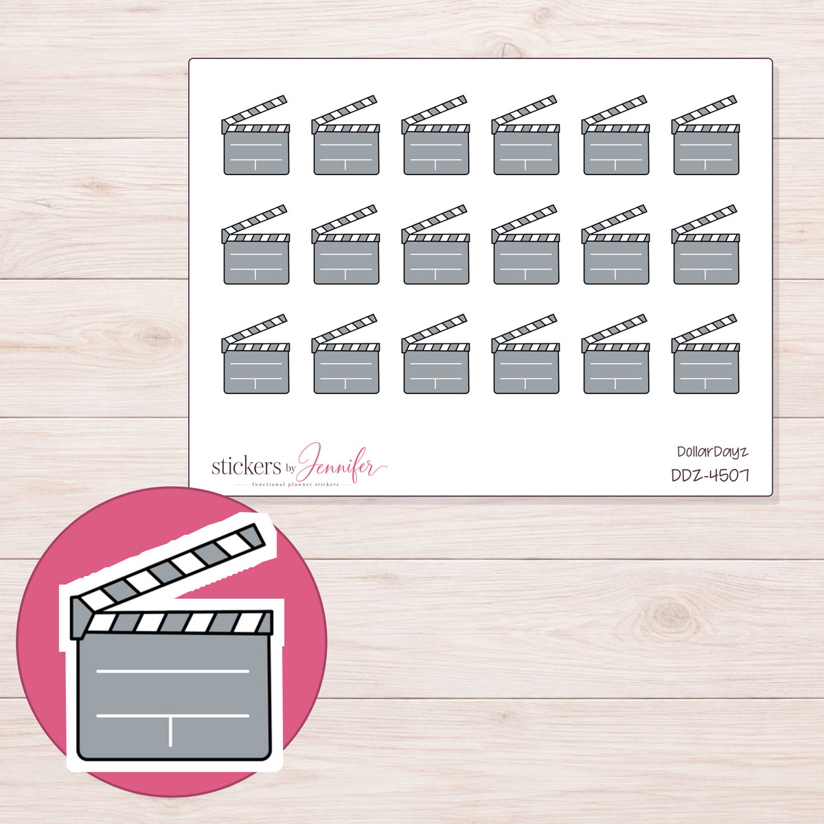 Gray Clapperboard Planner Stickers | DDZ-4507 — 4 × 3 inch sheet and enlarged sticker detail