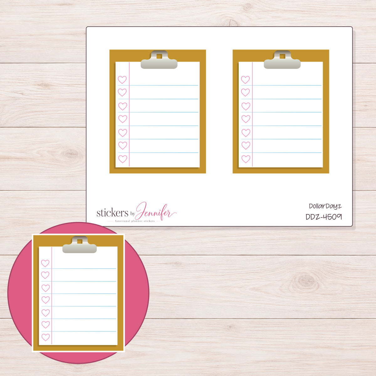 Mustard Yellow Clipboard Checklist Planner Stickers | DDZ-4509 — 4 × 3 inch sheet and enlarged sticker detail