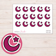 Magenta Crescent Moon and Star Planner Stickers | DDZ-4517 — 4 × 3 inch sheet and enlarged sticker detail