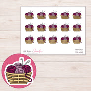 Magenta Yarn Basket Planner Stickers | DDZ-4518 — 4 × 3 inch sheet and enlarged sticker detail