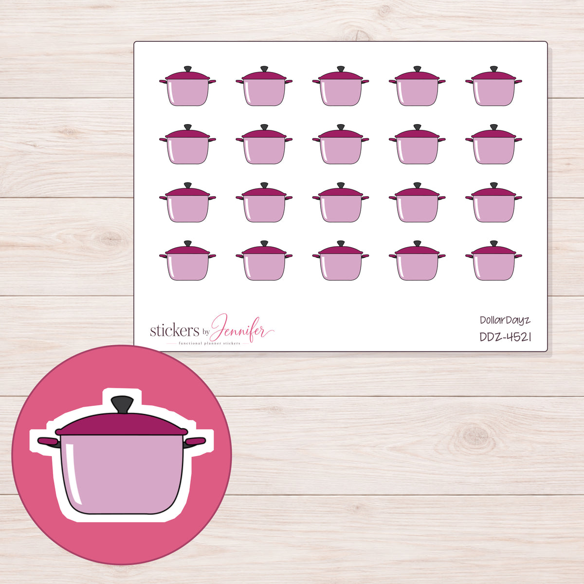 Pink Cooking Pot Planner Stickers | DDZ-4521 — 4 × 3 inch sheet and enlarged sticker detail