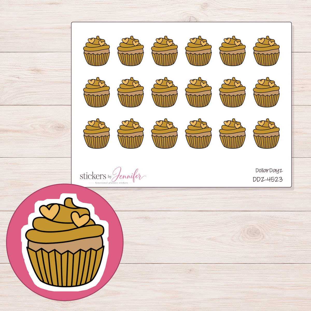 Gold Heart Cupcake Planner Stickers | DDZ-4523 — 4 × 3 inch sheet and enlarged sticker detail