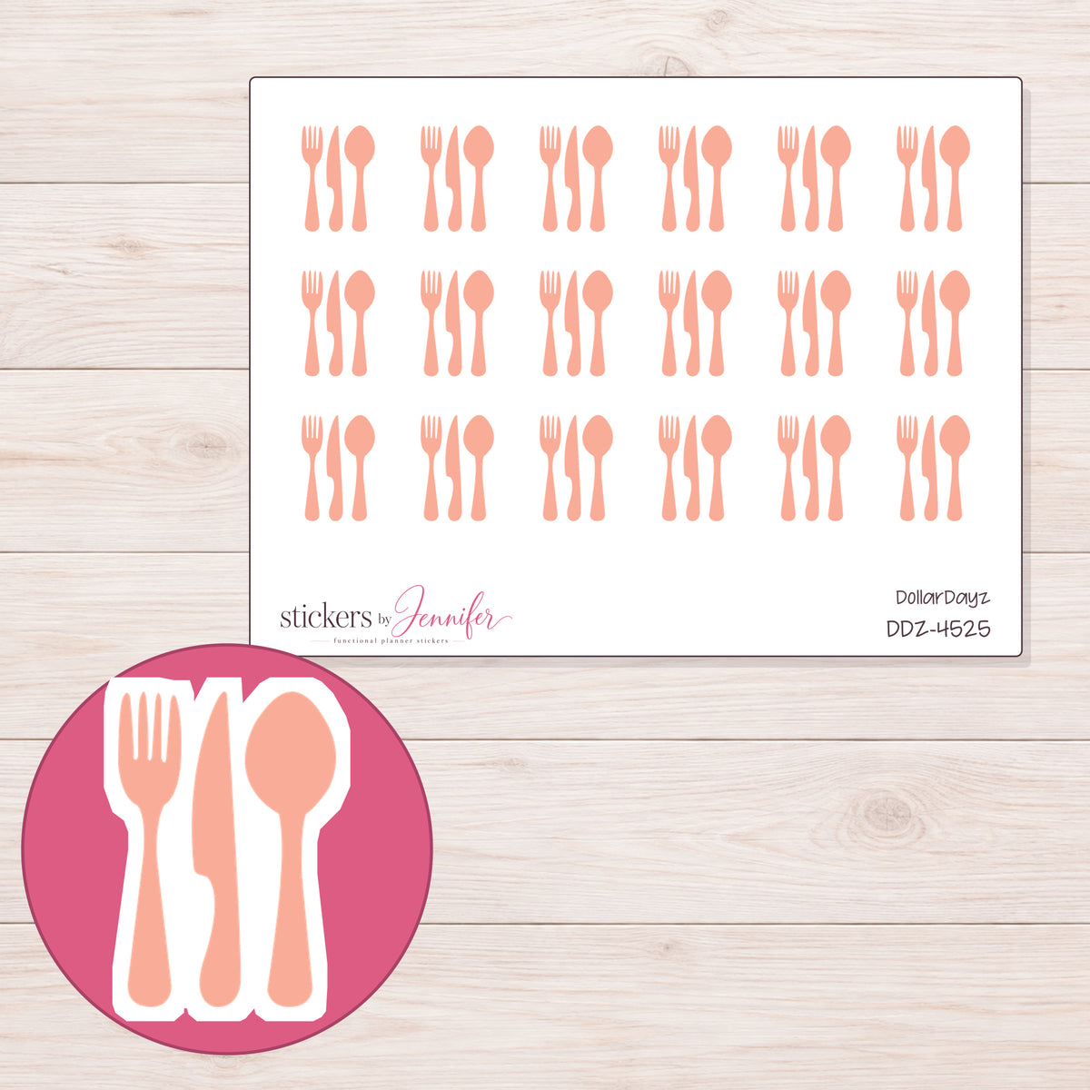 Peach Cutlery Planner Stickers | DDZ-4525 — 4 × 3 inch sheet and enlarged sticker detail