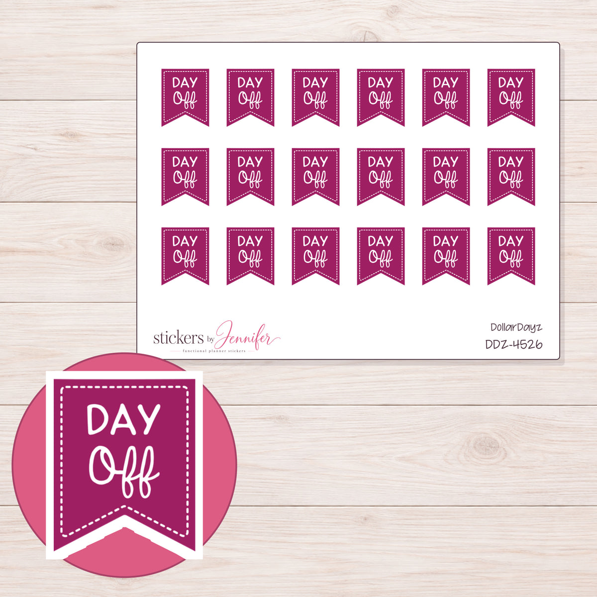 Magenta Day Off Flag Planner Stickers | DDZ-4526 — 4 × 3 inch sheet and enlarged sticker detail