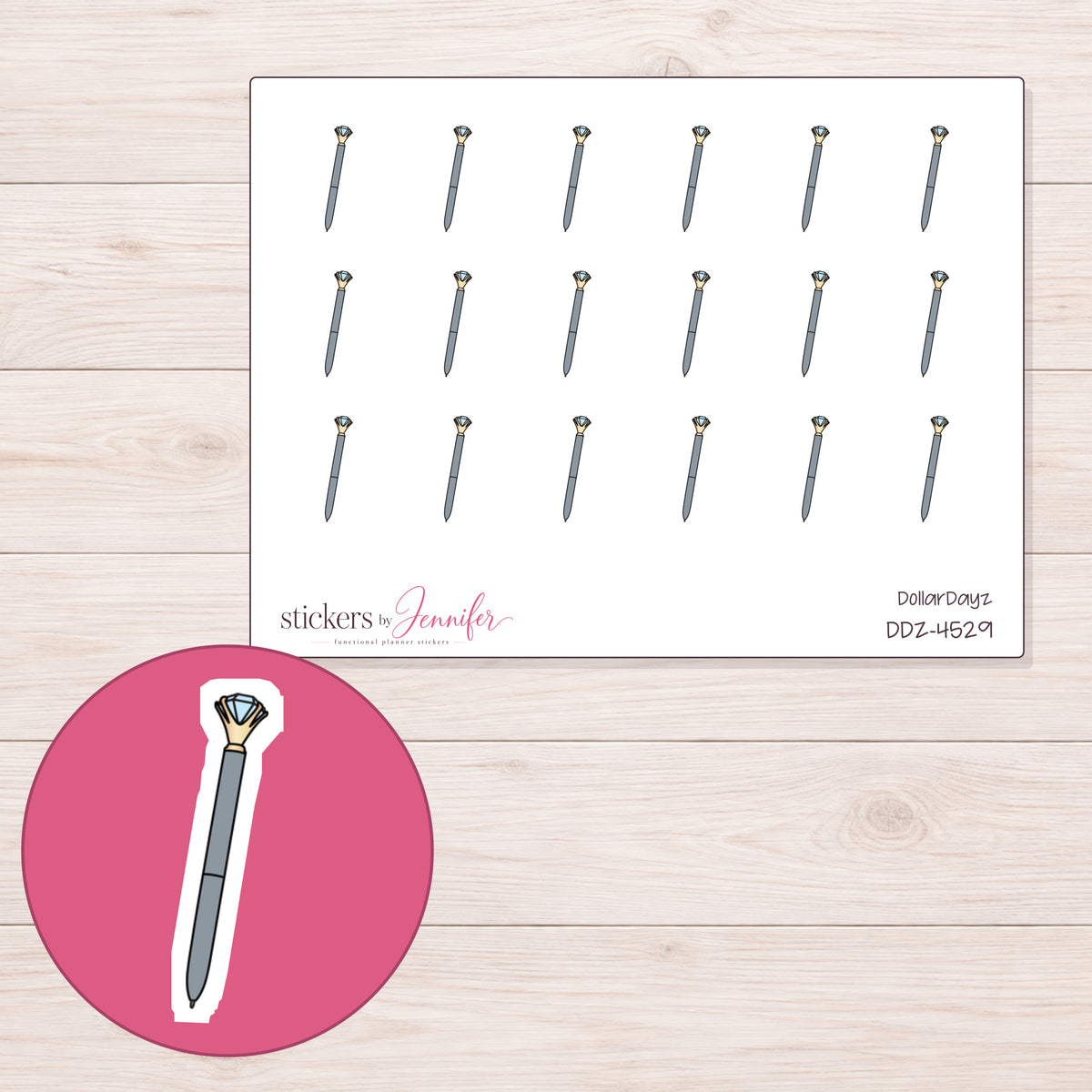 Gray Diamond Pen Planner Stickers | DDZ-4529 — 4 × 3 inch sheet and enlarged sticker detail