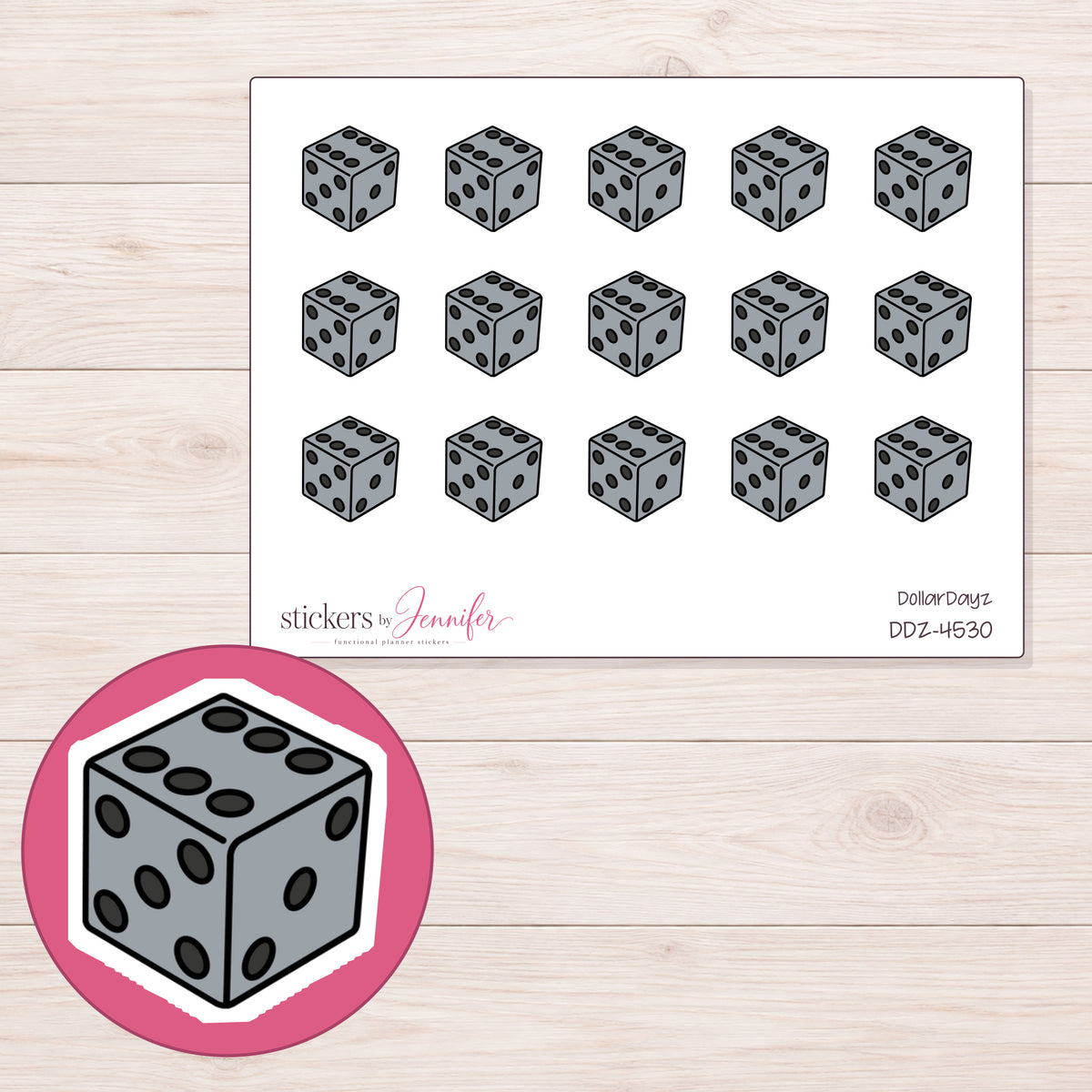 Gray Game Die Planner Stickers | DDZ-4530 — 4 × 3 inch sheet and enlarged sticker detail