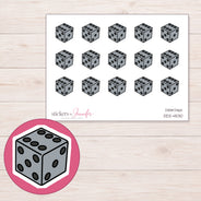 Gray Game Die Planner Stickers | DDZ-4530 — 4 × 3 inch sheet and enlarged sticker detail