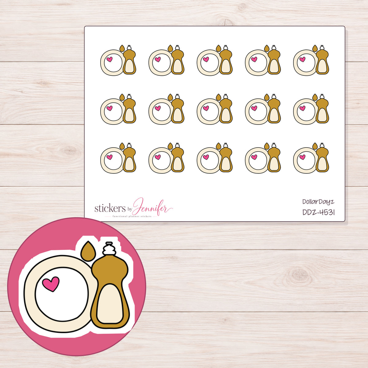 Gold Dish Soap and Plate Planner Stickers | DDZ-4531 — 4 × 3 inch sheet and enlarged sticker detail
