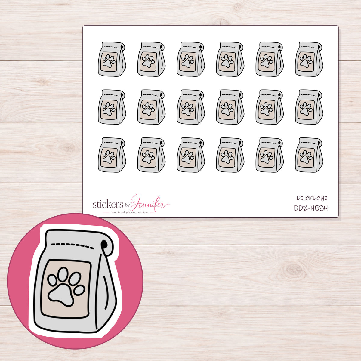 Gray Dog Food Bag Planner Stickers | DDZ-4534 — 4 × 3 inch sheet and enlarged sticker detail