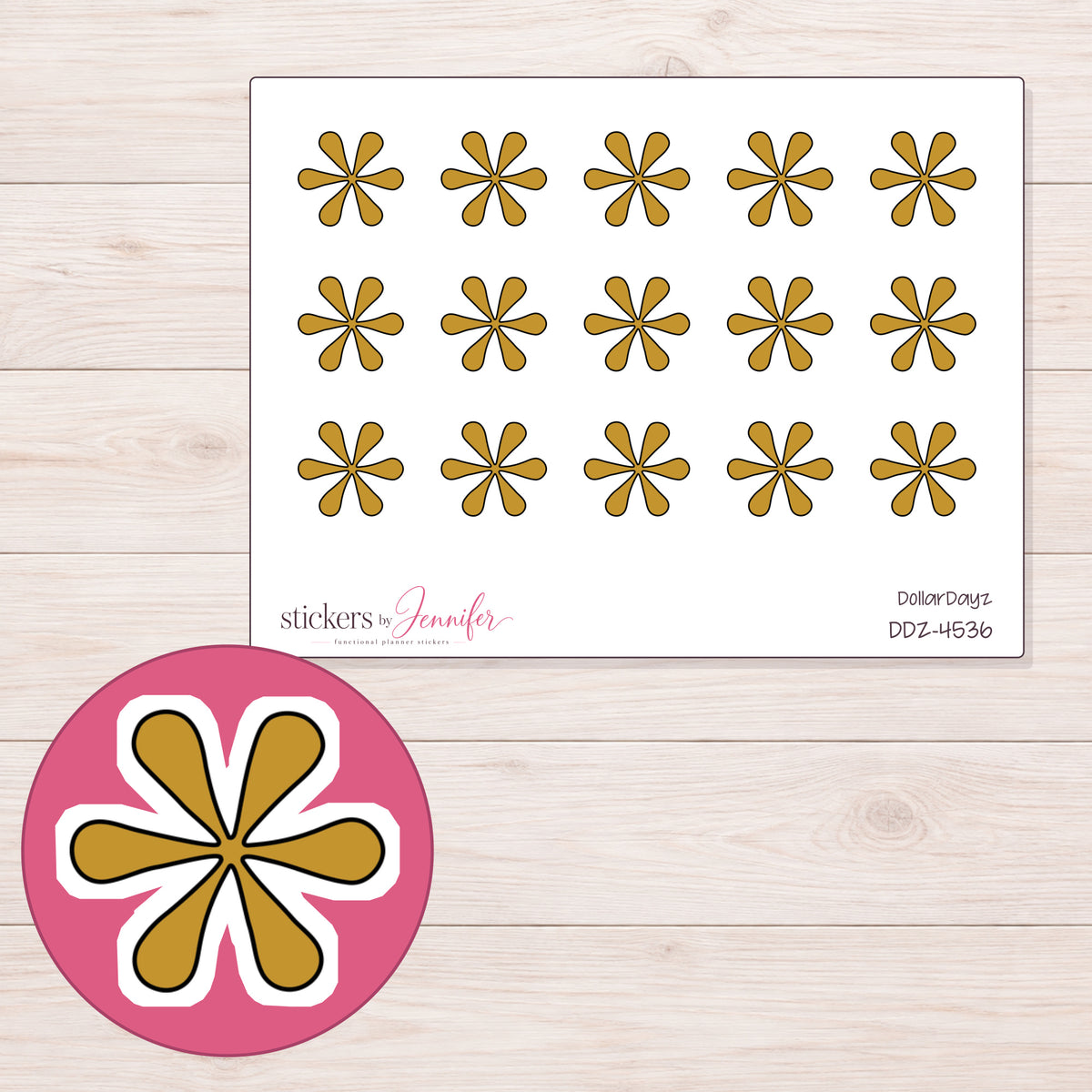 Gold Doodle Asterisk Planner Stickers | DDZ-4536 — 4 × 3 inch sheet and enlarged sticker detail