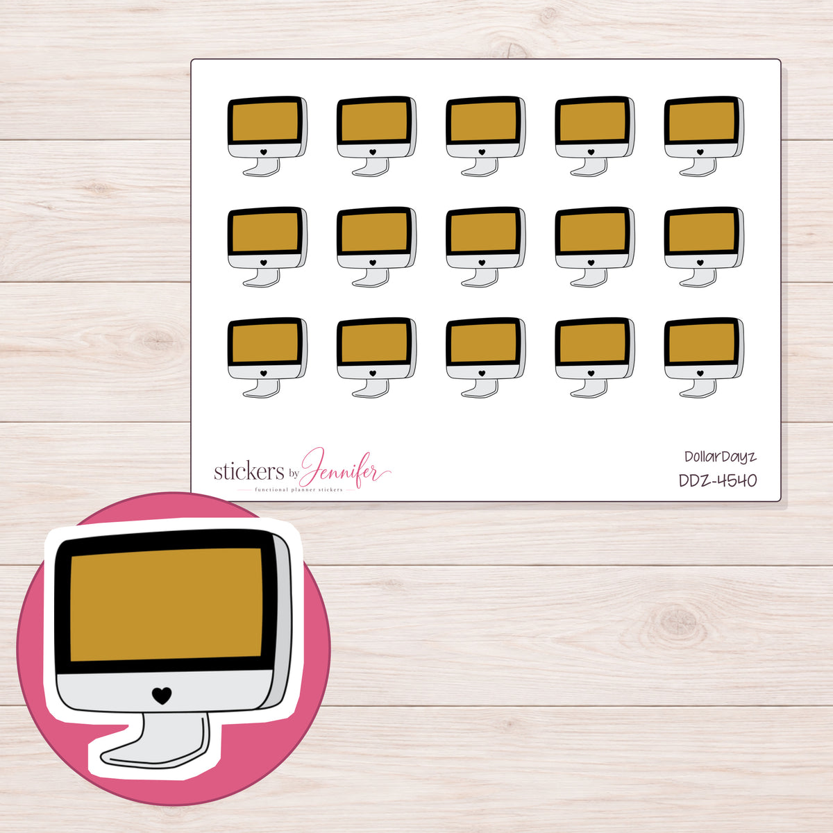 Gold Screen Desktop Computer Planner Stickers | DDZ-4540 — 4 × 3 inch sheet and enlarged sticker detail