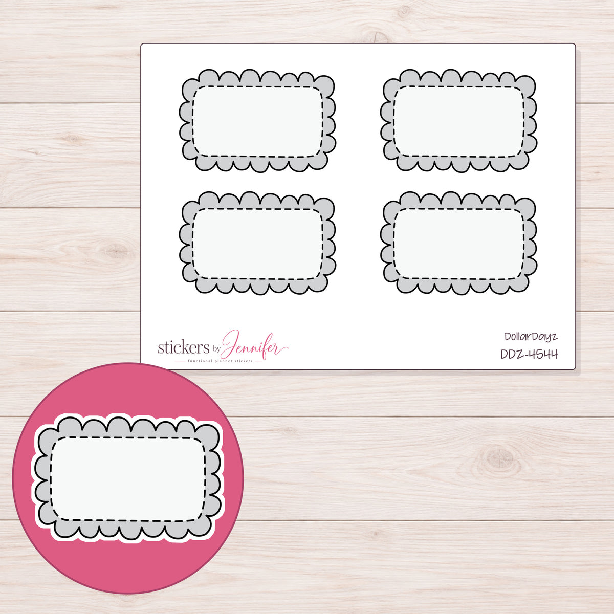 Gray Doodle Scallop Half Box Planner Stickers | DDZ-4544 — 4 × 3 inch sheet and enlarged sticker detail
