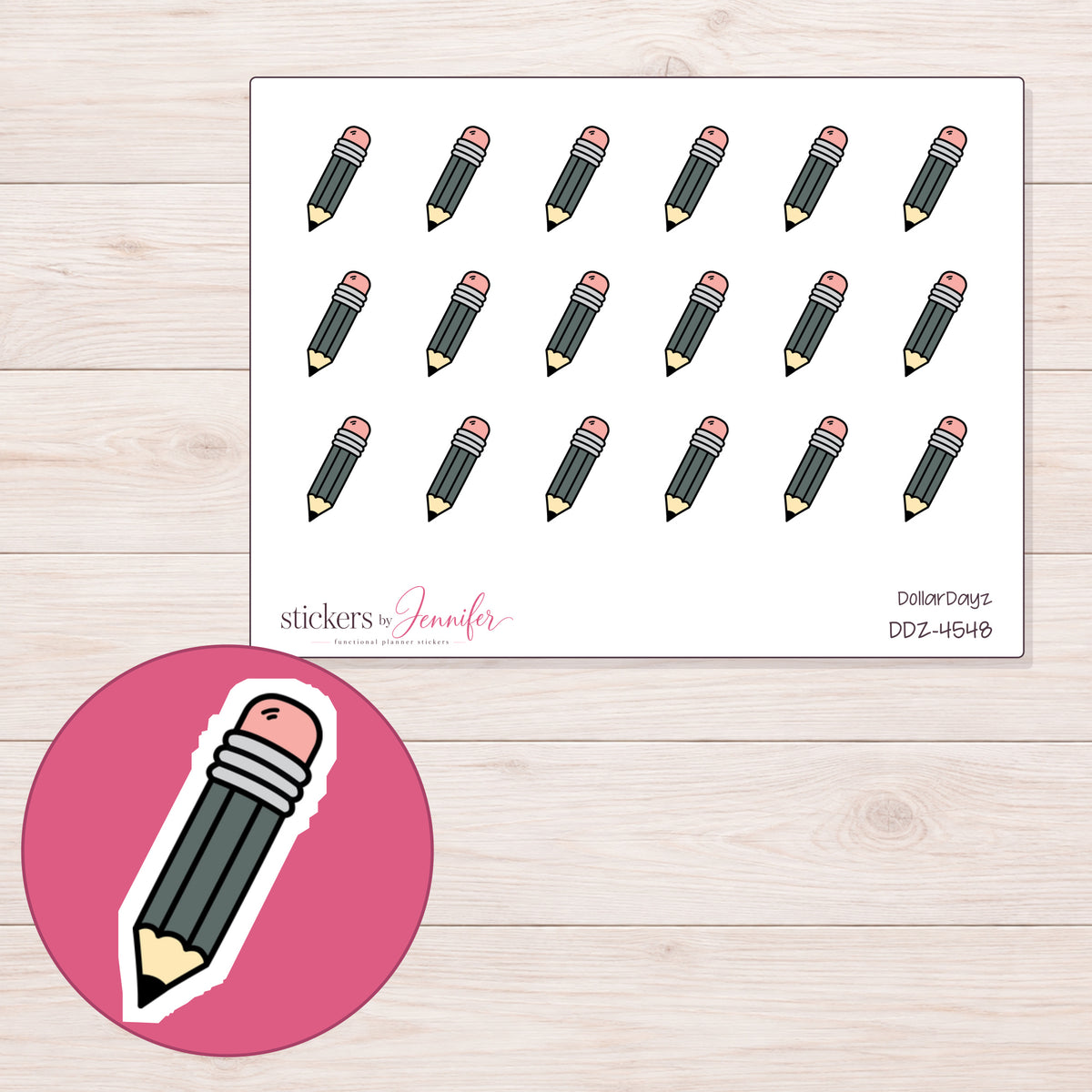 Charcoal Pencil Planner Stickers | DDZ-4548 — 4 × 3 inch sheet and enlarged sticker detail