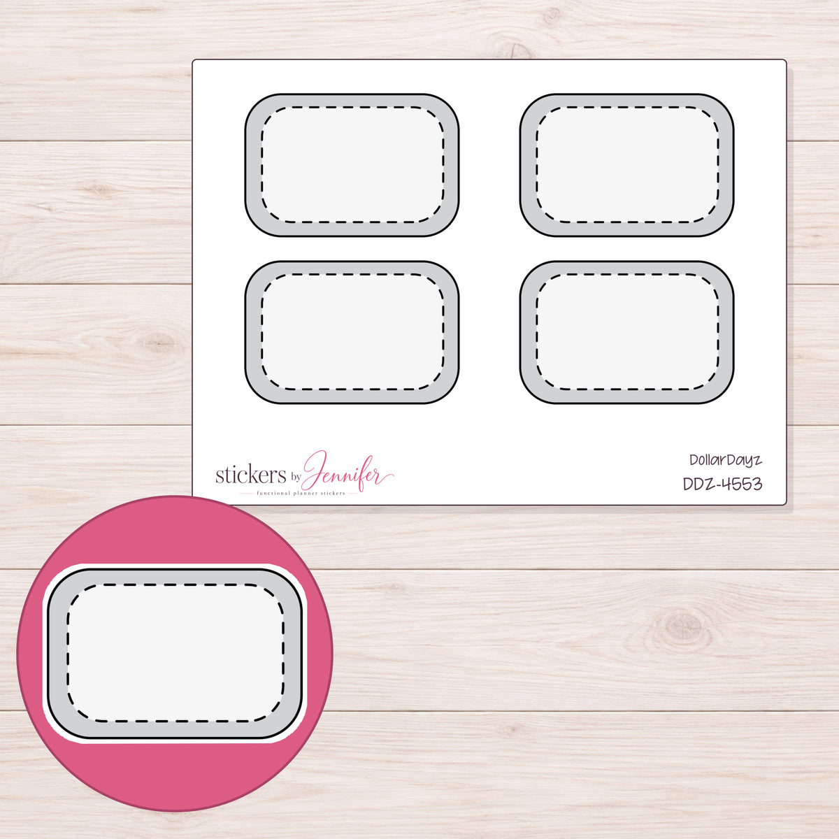 Gray Doodle Stitched Half Box Planner Stickers | DDZ-4553 — 4 × 3 inch sheet and enlarged sticker detail